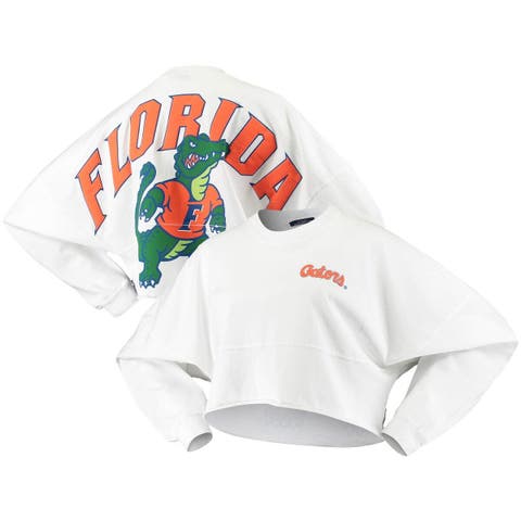 Women's White Florida Gators Raw Hem Cropped Spirit Jersey Long Sleeve T-Shirt