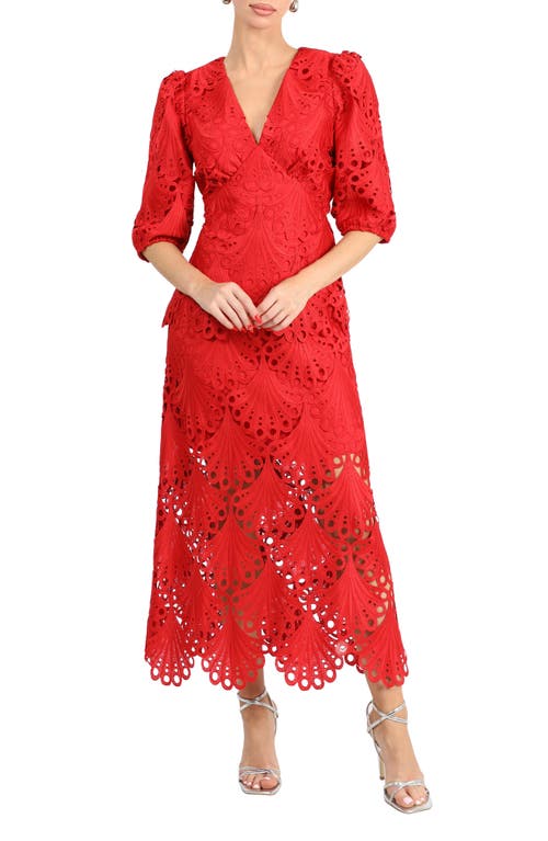 Shop Adelyn Rae Kinsley Puff Sleeve Lace Midi Dress In Red