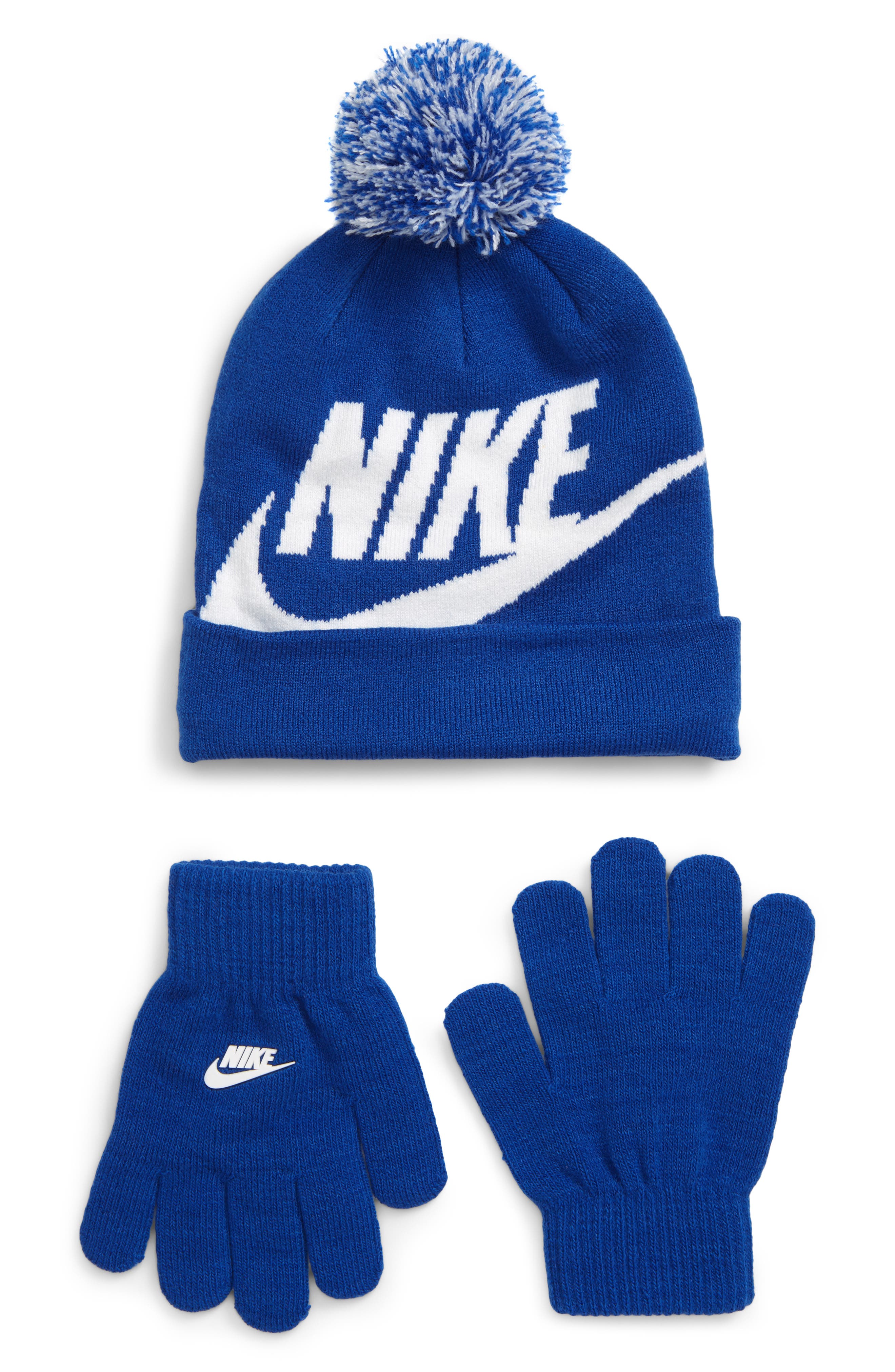 Nike Kids' Swoosh Pom Beanie & Gloves Set In Game Royal