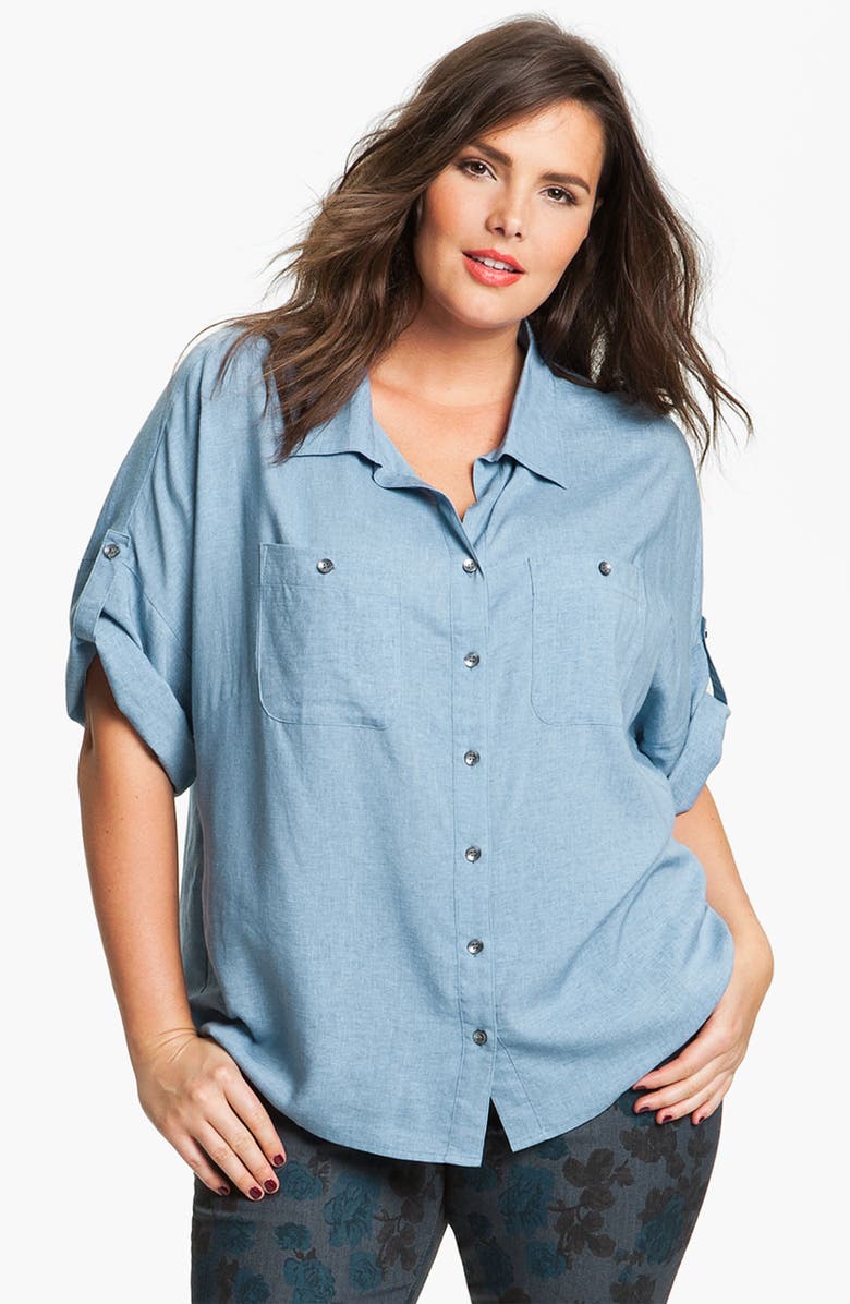 Sandra Ingrish Roll Sleeve Chambray Shirt (Plus) | Nordstrom