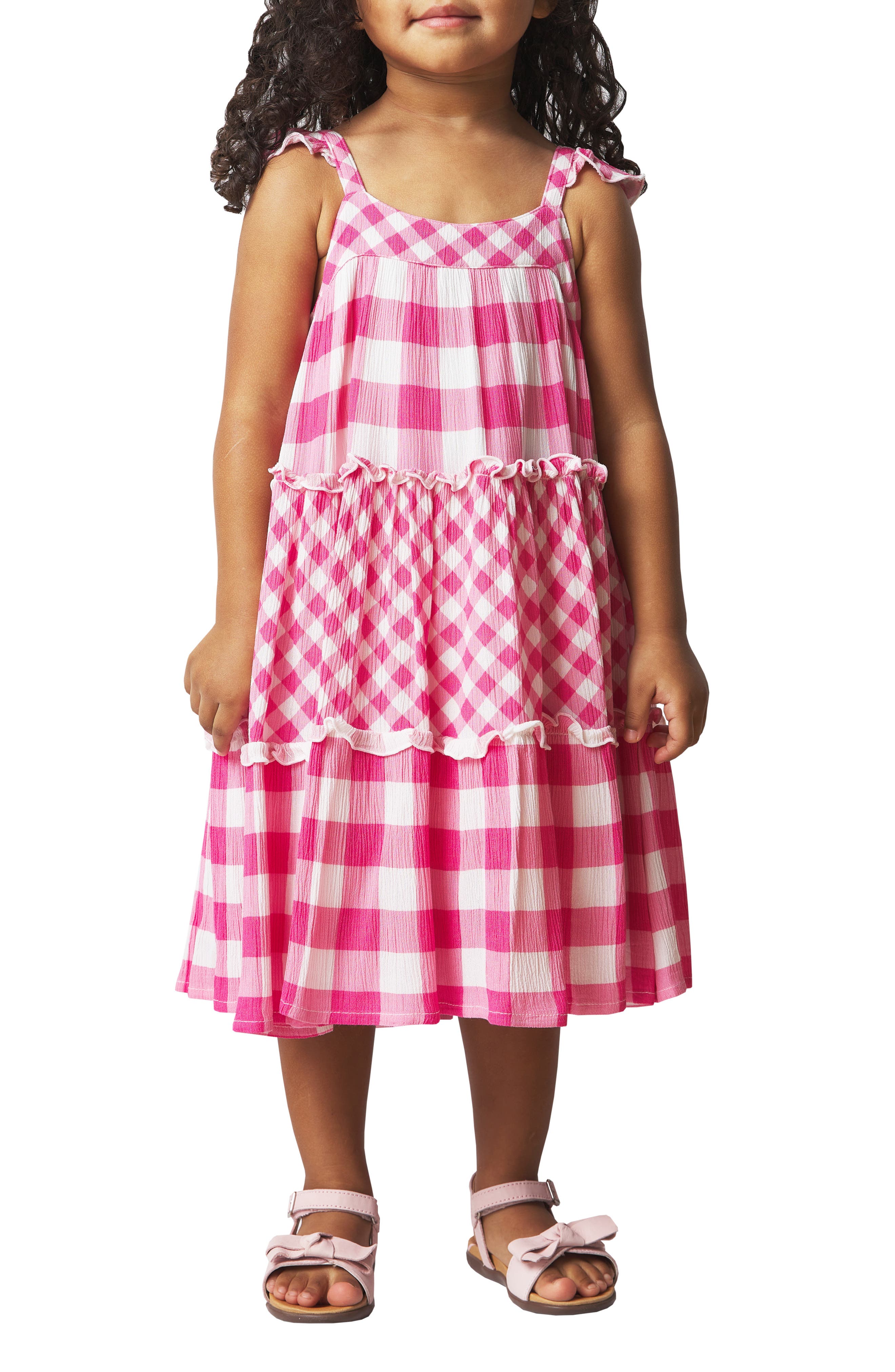 French Connection Kids' Mixed Gingham Print Crinkle Dress In Pink