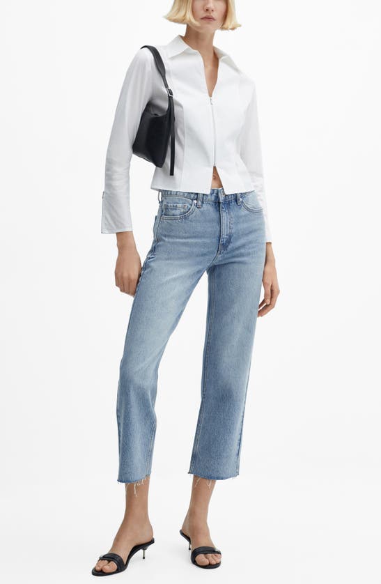 Mango Raw Hem Mid Rise Crop Straight Leg Jeans In Medium Blue