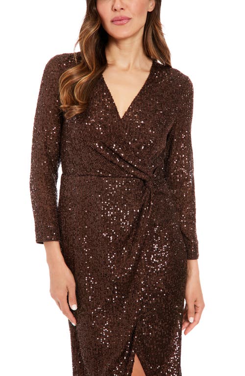 London Times Petite Sequin Faux-wrap Long-sleeve Dress In Chocolate