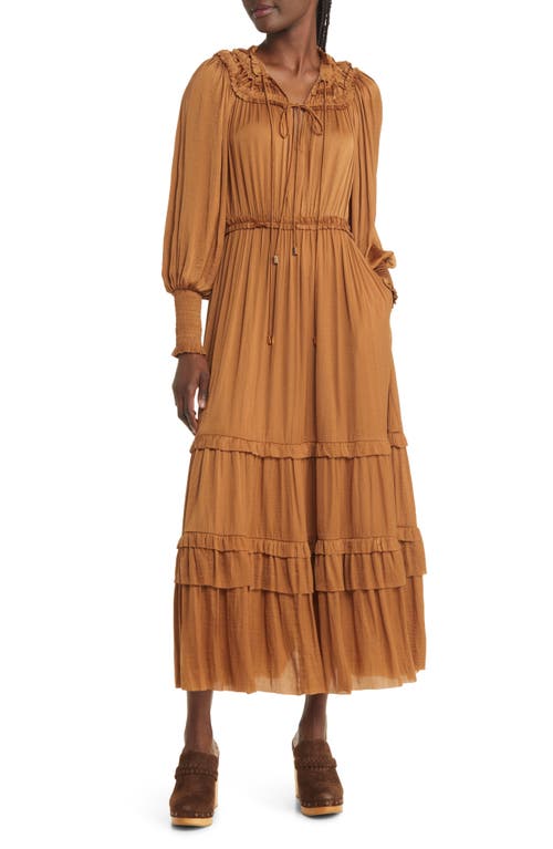 MOON RIVER Long Sleeve Crinkle Satin Tiered Maxi Dress in Brown