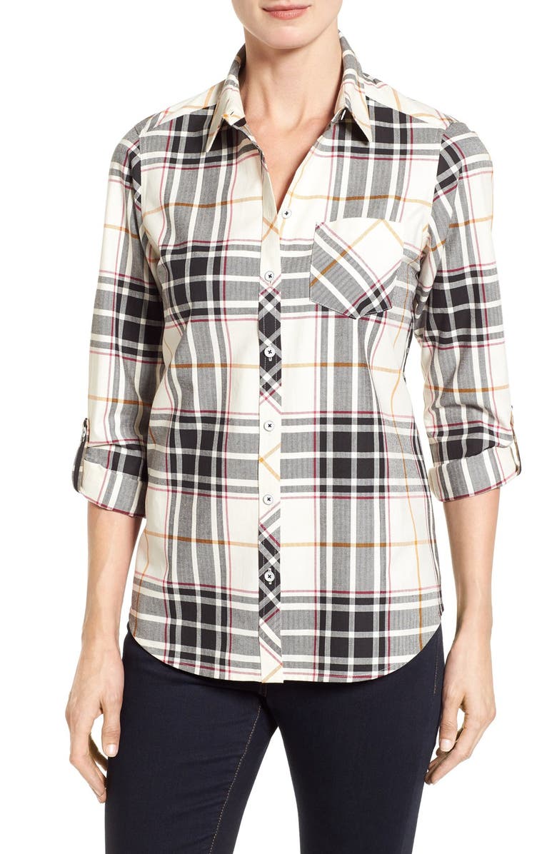 Foxcroft Herringbone Plaid Roll Sleeve Shirt (Regular & Petite) | Nordstrom