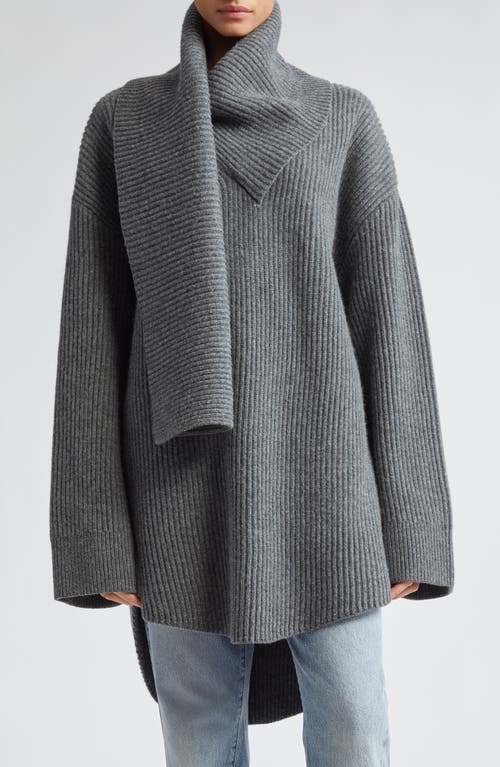 Totême Toteme Draped Scarf Oversize Funnel Neck Wool Rib Sweater In Dark Grey Melange