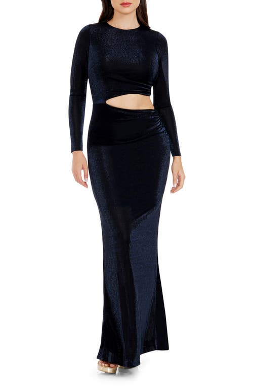 Dress the Population Candace Cutout Metallic Long Sleeve Column Gown in Midnight Blue B at Nordstrom, Size X-Small