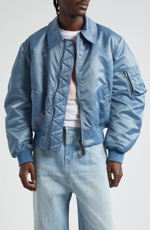 Gender Inclusive Collared Satin Bomber Jacket in Petrol