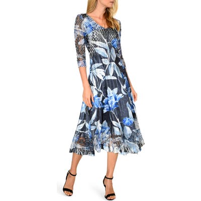 Komarov Lace Sleeve Charmeuse Midi Dress, Blue