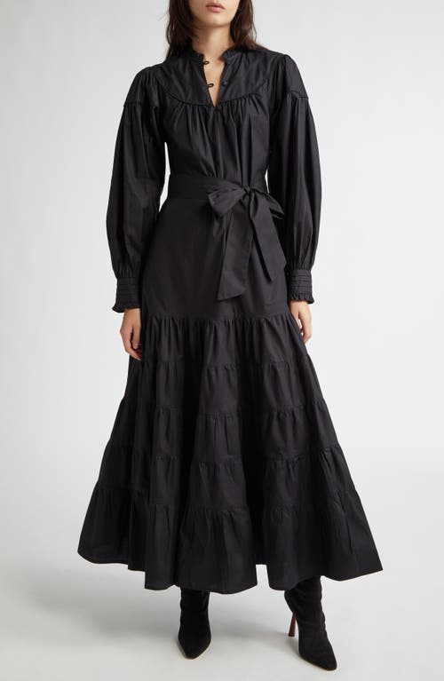 MILLE Ninette Tiered Long Sleeve Cotton Poplin Dress in Black Poplin 