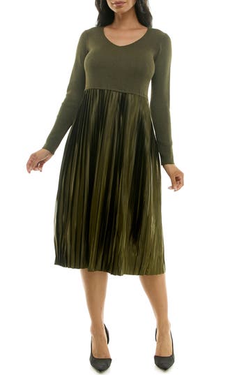 Nina Leonard Long Sleeve Mixed Media Dress In Dark Olive Lurex