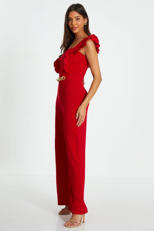 Quiz Scuba Crepe Frill Sleeve Chain Belt Palazzo Jumpsuit In Red