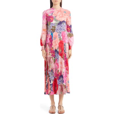 Valentino Floral Print Pleated Long Sleeve Silk Midi Dress, US / 42 IT - Pink