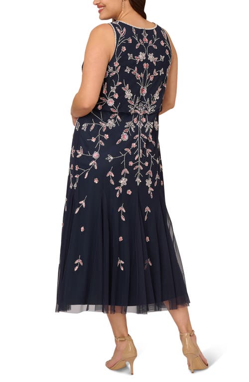 ADRIANNA PAPELL ADRIANNA PAPELL FLORAL EMBELLISHED MESH MIDI GOWN 