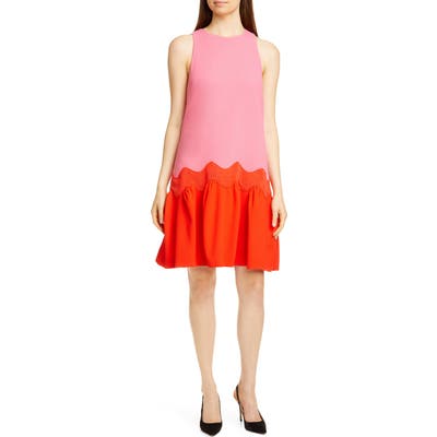Lela Rose Wave Contrast Hem Wool Blend Dress, Pink