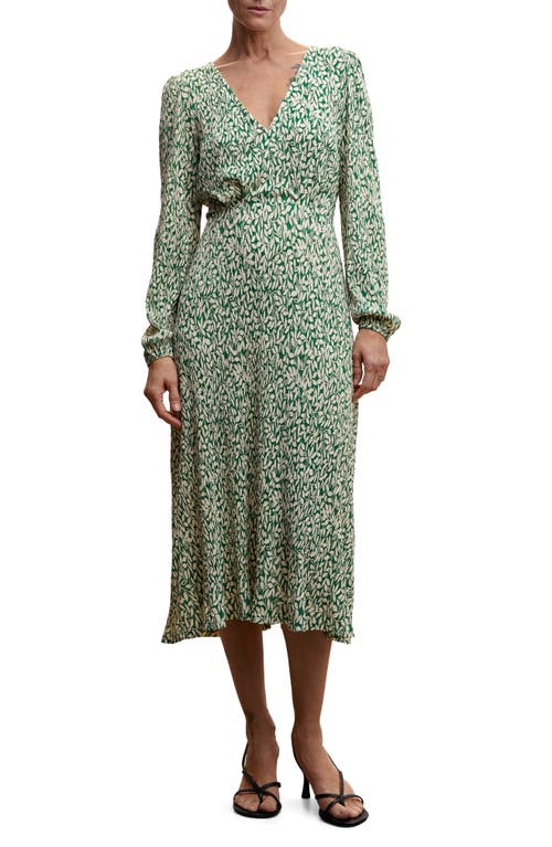 MANGO Floral Crinkle Long Sleeve A-Line Dress in Green at Nordstrom, Size 10