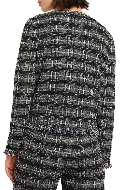 Shop Misook Rhinestone Accent Fringed Tweed Jacket In Black/new Ivory