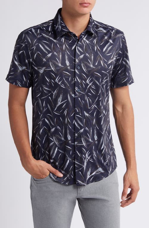 Shop Hugo Boss Boss Roan Slim Fit Leaf Print Short Sleeve Stretch Button-up Shirt In Dark Blue