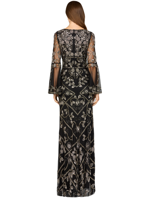 Lara New York Bell Sleeved High Neck Beaded Gown In Black