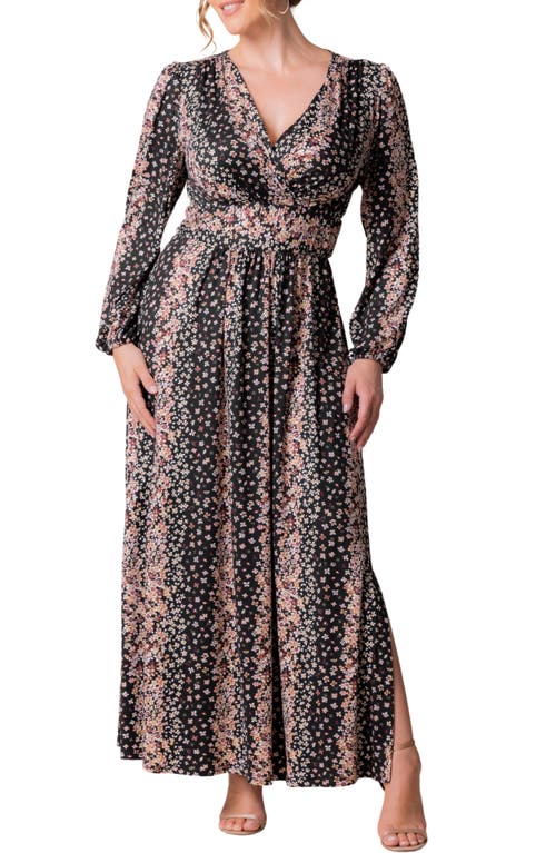 Kiyonna Kelsey Long Sleeve Maxi Dress in Black Floral Falls 