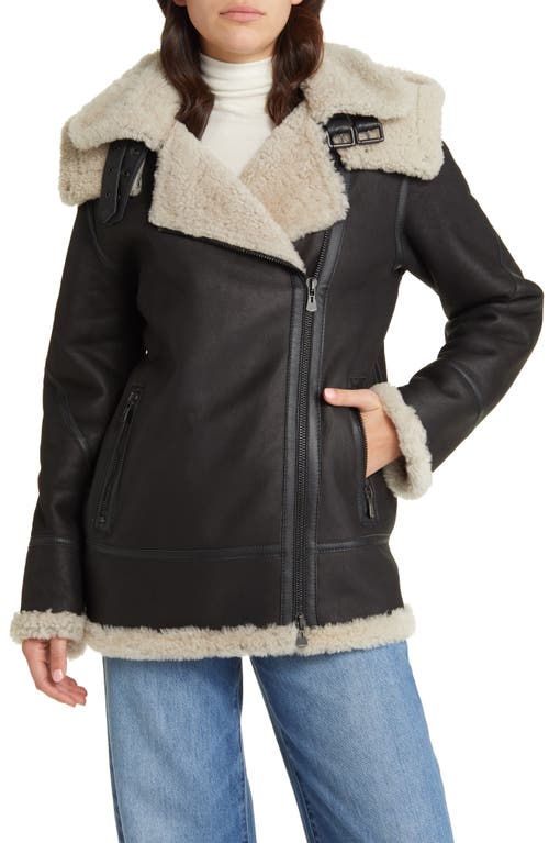 Martina Genuine Shearling Coat with Detachable Hood in Black Beige