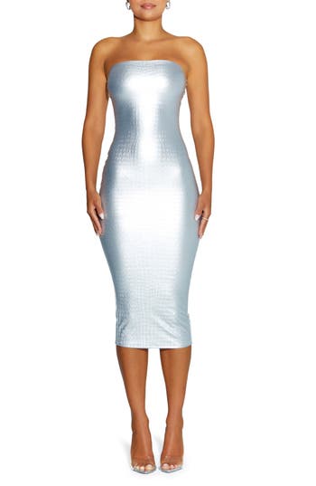 naked wardrobe silver dress Naked Wardrobe Strapless Lurex Tube Dress Gunmetal Silver 2X