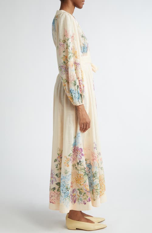 Shop Zimmermann Halliday Floral Long Sleeve Wrap Dress In Cream Watercolour Floral