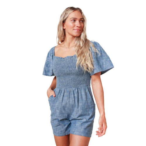 Hope & Henry Women's Bell Sleeve Smocked Chambray Romper at Nordstrom,