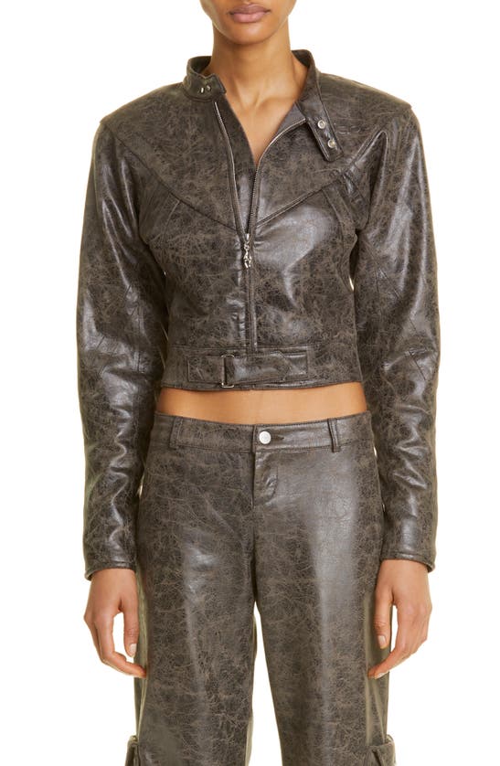 MIAOU VAUGHN CROP DISTRESSED FAUX LEATHER JACKET