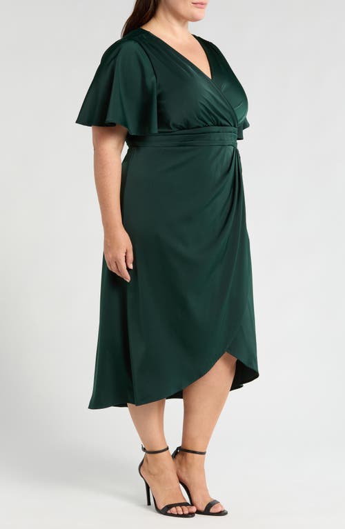 Shop Sl Fashions Faux Wrap Satin Cocktail Midi Dress In Deep Green