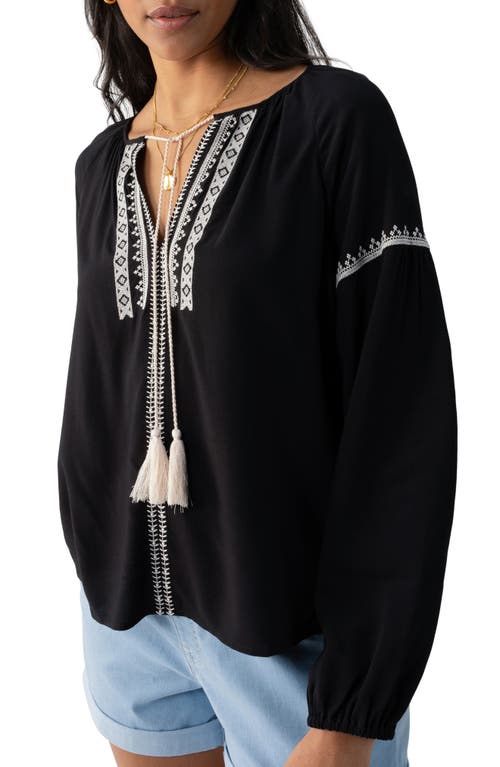Embroidered Tie Neck Top in Black