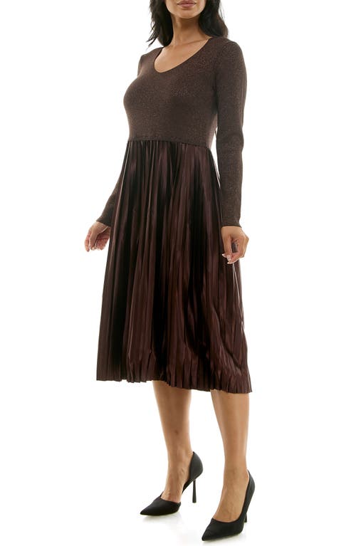 Nina Leonard Long Sleeve Mixed Media Dress In Chocolate Lurex