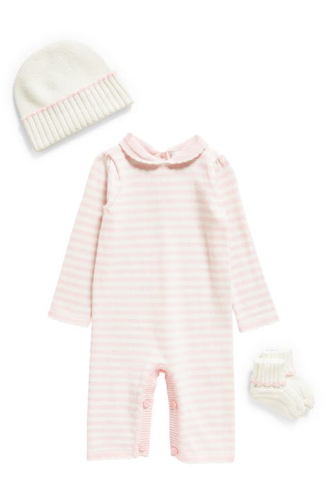 Stripe Cotton Romper, Hat & Socks Set (Baby)