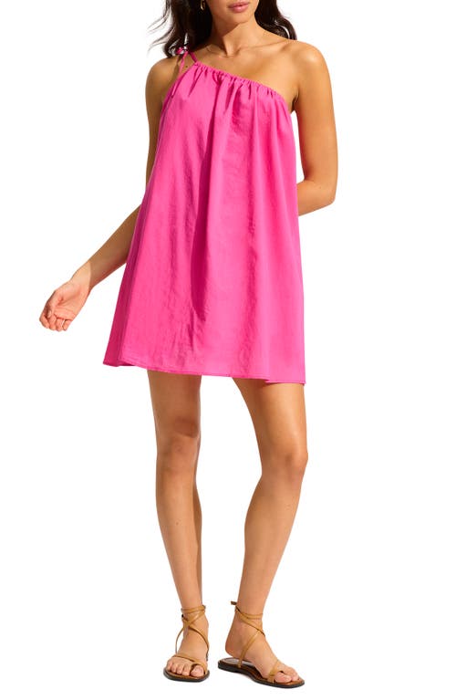 One Shoulder Cotton Cover-Up Dress in Hot Pink