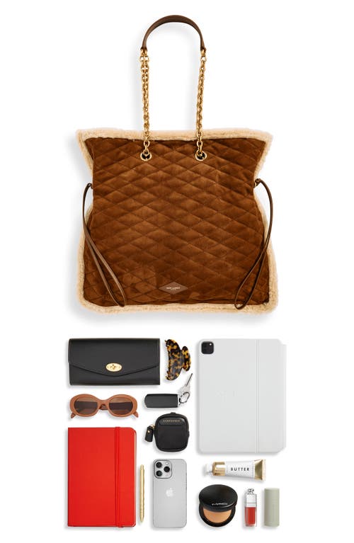 Saint Laurent Le Pochon Quilted Shearling Shoulder Bag In Dark Cigar/natural Beige