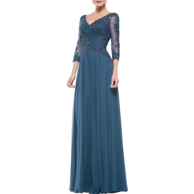 Marsoni Gathered Lace & Chiffon A-Line Gown, Blue