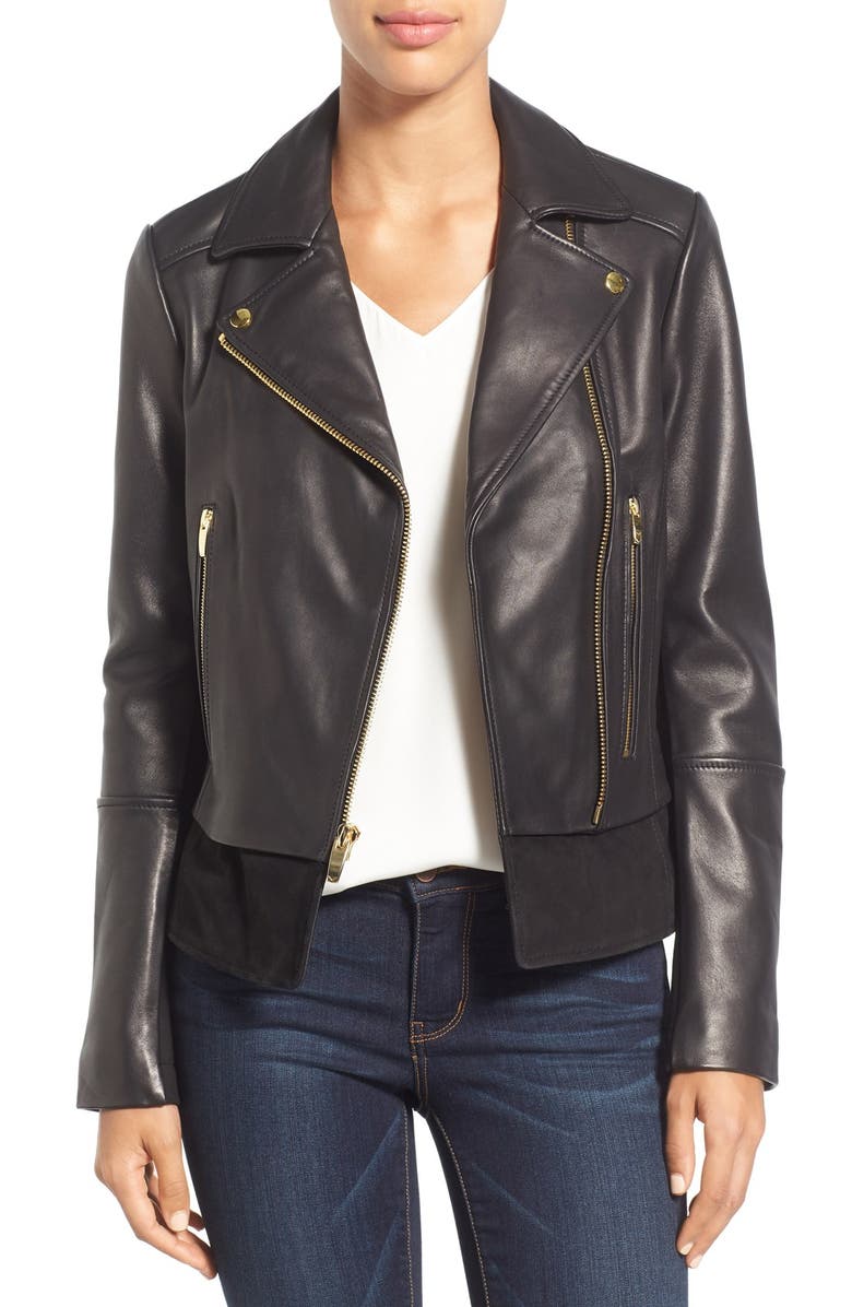 Via Spiga Mixed Media Leather Moto Jacket (Regular & Petite) | Nordstrom