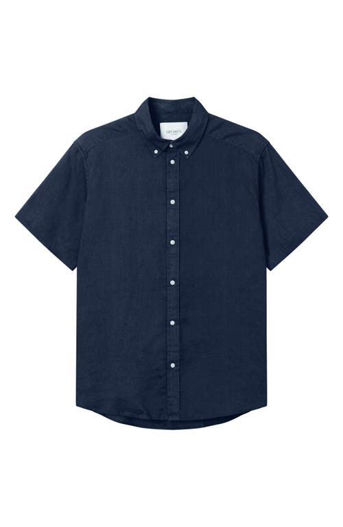 Les Deux Kris Short Sleeve Linen Button-Down Shirt in Dark Navy