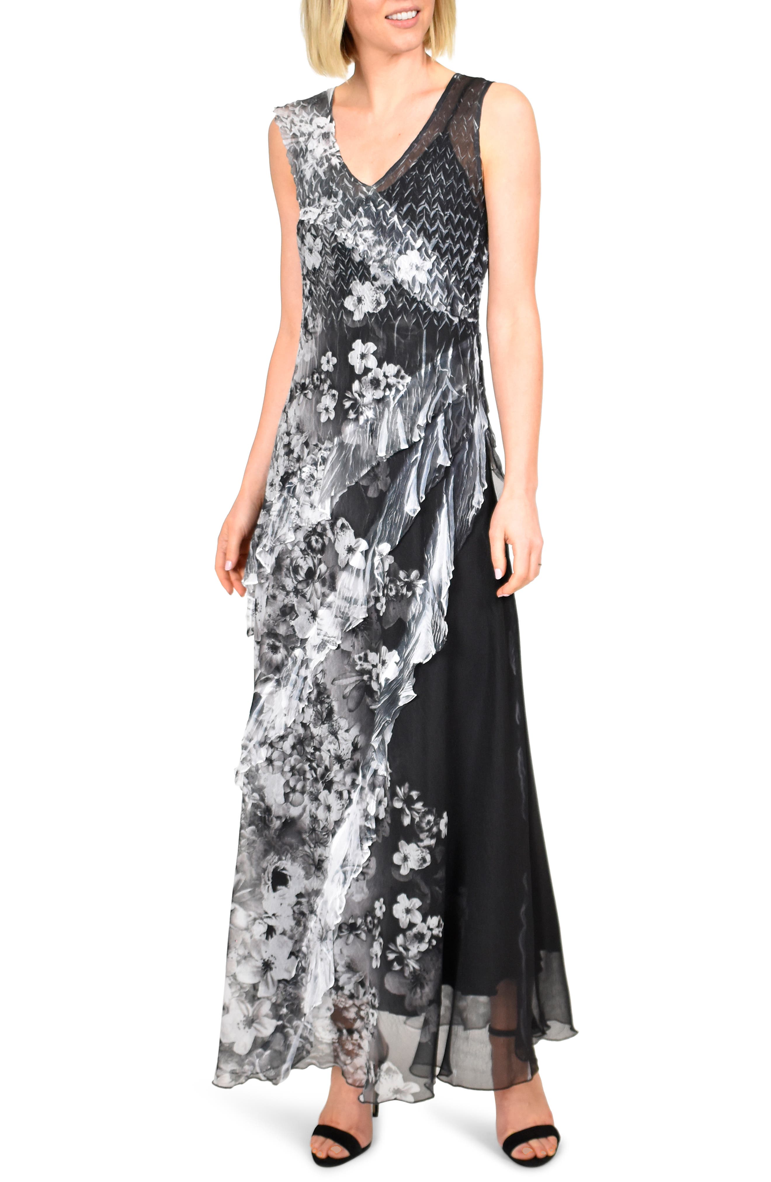 Komarov Side Ruffle Chiffon Maxi Dress, Grey