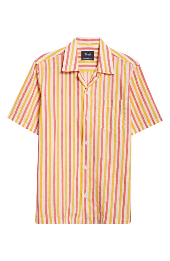 Shop Drake's Block Stripe Cotton Camp Shirt In Yellow Pink Stripe