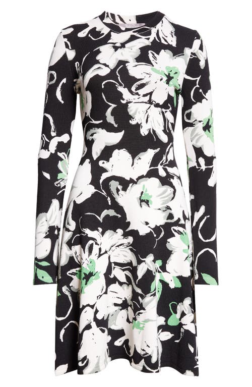 Shop Lela Rose Floral Long Sleeve Jersey Dress In Black Multi