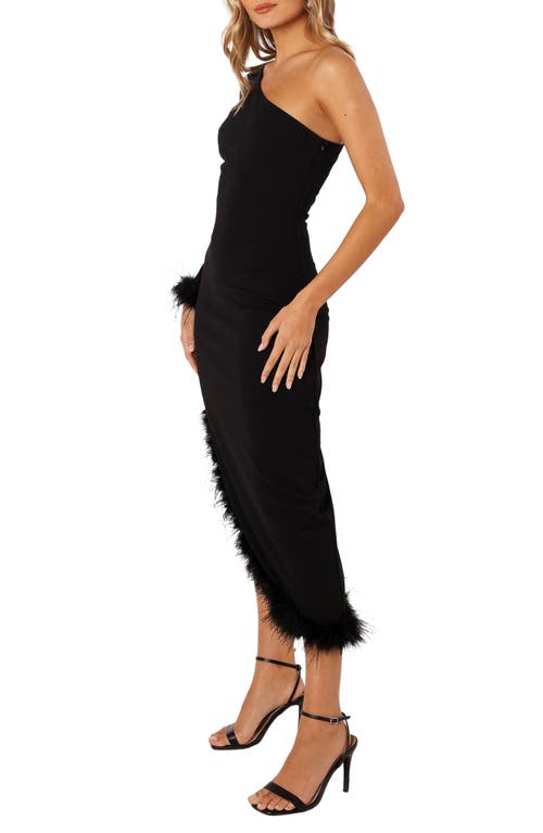 Petal And Pup Petal & Pup Dame Feather Trim Single Long Sleeve Midi Cocktail Dress In Black