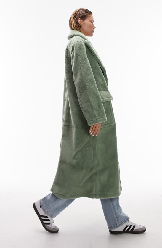 Topshop High Pile Fleece Longline Coat In Light Green