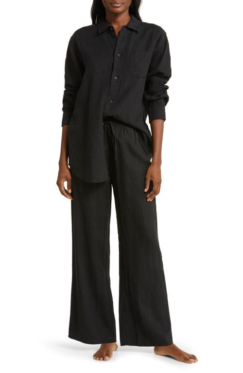 Desmond & Dempsey Long Sleeve Linen Pajamas In Plain Linen Black