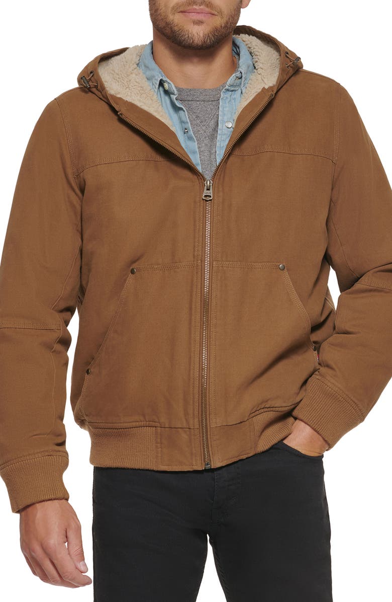 Levi's® Workwear Cotton Canvas Faux Shearling Lined Hoodie Bomber Jacket |  Nordstromrack