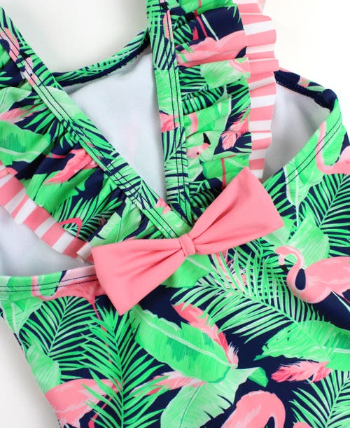 Shop Rufflebutts Girls V-back Upf50+ One Piece In Flamingo Frenzy