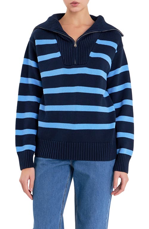 English Factory Stripe Cotton Zip Pullover In Navy/blue