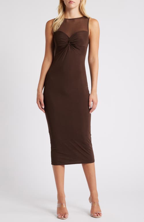 Rare London Twist Front Mesh Yoke Cocktail Midi Dress in Brown 