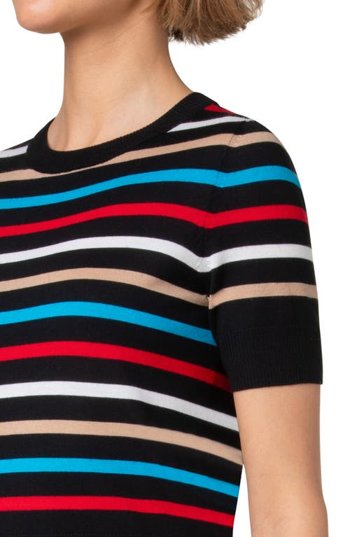 Shop Akris Punto Stripe Short Sleeve Crop Merino Wool Sweater In Black-multicolor