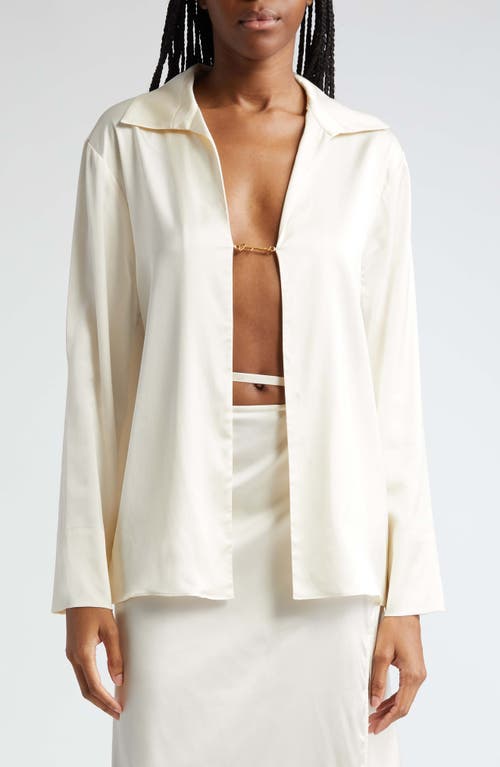 La Chemise Notte Logo Charm Open Front Stretch Satin Blouse in Off-White